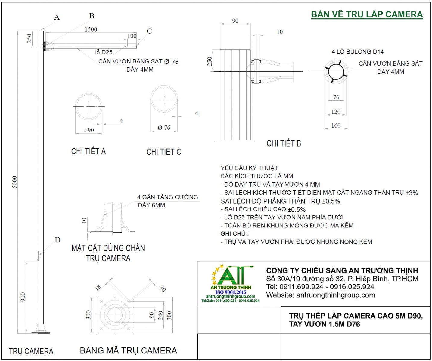 Bản Vẽ Cột Lắp Camera Cao 5m, Tay Vươn 1m, 1.5m, Trụ Thép 6m