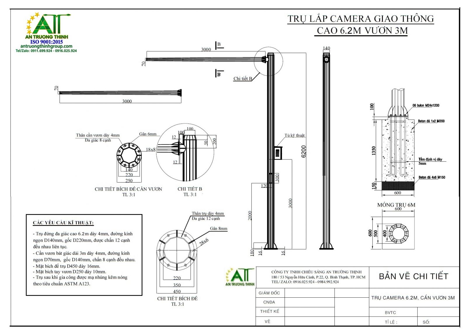 Bản Vẽ Cột Lắp Camera Cao 6m, Cần Vươn 3m, Trụ Thép 6m
