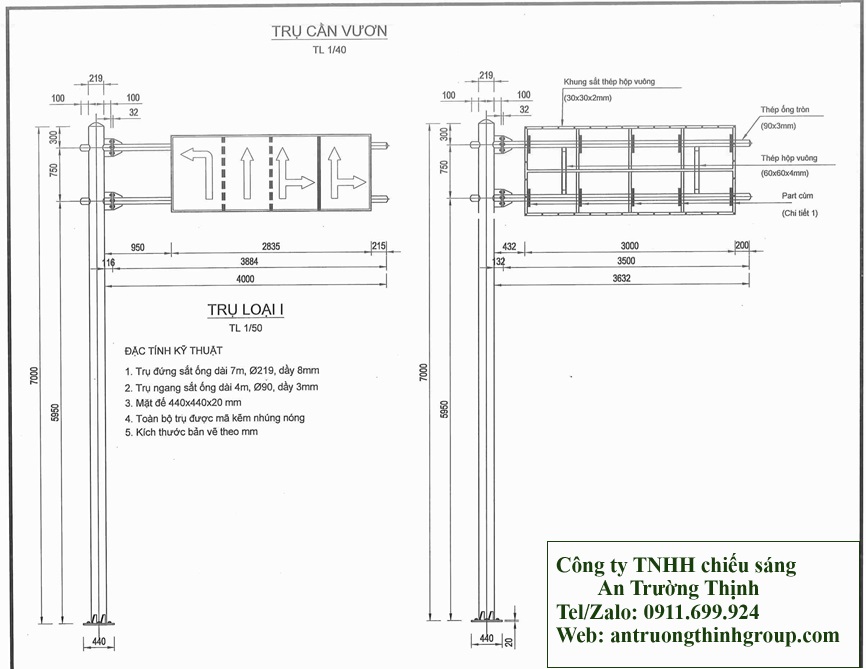 Bản Vẽ Trụ Biển Báo Cần Vươn Cao 6m, 7m, 8m Cần Vươn 3m, 4m, 5m